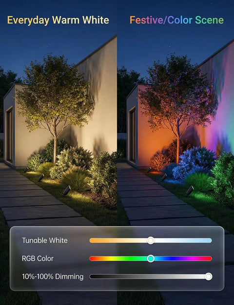 Smart RGBCW 12V Landscape Lighting Kit For Trees And Pathways, Color Changing Outdoor Spotlights With Bluetooth Mesh shown