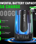 On The Go Camping Shower With 10000mAh Battery features powerful battery, USB-C charging, 4-5h charge, IPX8 waterproof, low noise