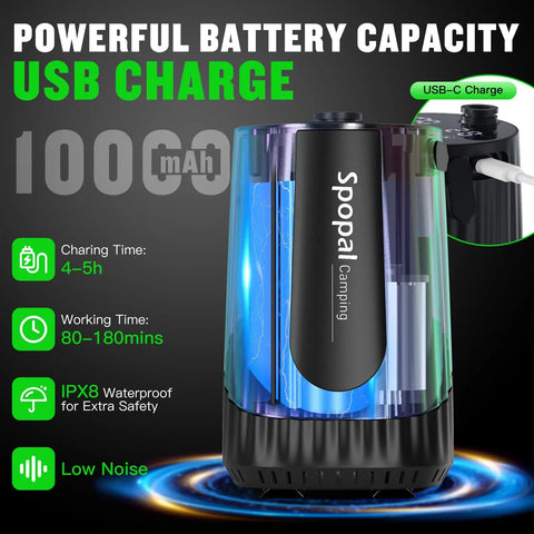 On The Go Camping Shower With 10000mAh Battery features powerful battery, USB-C charging, 4-5h charge, IPX8 waterproof, low noise