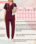 Nurse Scrubs Set For Women Uniform Top And Jogging Pants Navy Blue Machine Washable Spa Beauty Salon Workwear For Nurses And Assistants Pet Grooming And Healthcare Professionals, burgundy color, measurement chart on side.