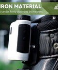 Magnetic Metal Landing Pads For Golf Bags holding a rangefinder showing iron material with strong magnetic hold on golf bag