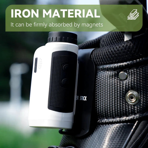 Magnetic Metal Landing Pads For Golf Bags holding a rangefinder showing iron material with strong magnetic hold on golf bag