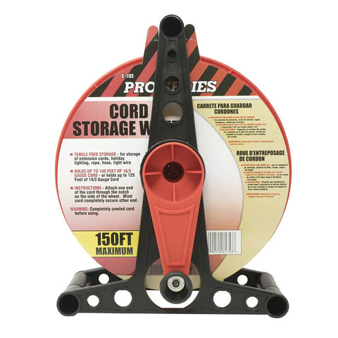 Front view of Heavy Duty Workhorse Extension Cord Storage Reel With Side Crank For Indoor And Outdoor Use in red and black.
