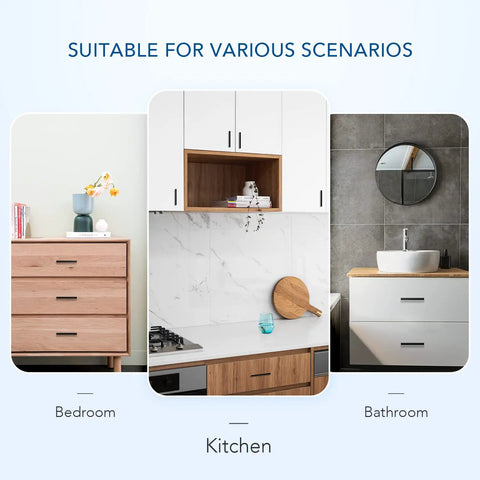 50 Pack Matte Black 3 Inch Square Cabinet Pulls shown in bedroom, kitchen, and bathroom setups.