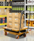 Heavy Duty 330Lbs Hydraulic Lift Table Cart With Four Locking Wheels For Material Handling And Transportation in warehouse