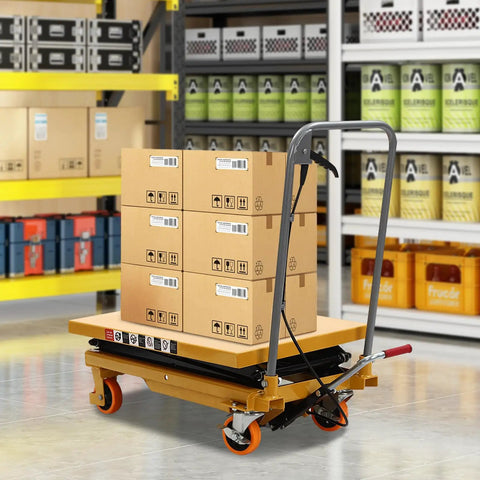 Heavy Duty 330Lbs Hydraulic Lift Table Cart With Four Locking Wheels For Material Handling And Transportation in warehouse