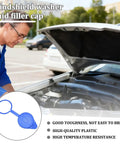 Mechanic inspecting engine with focus on blue windshield washer fluid filler cap, durable leak proof featuring replacement part CP9Z17A605A.