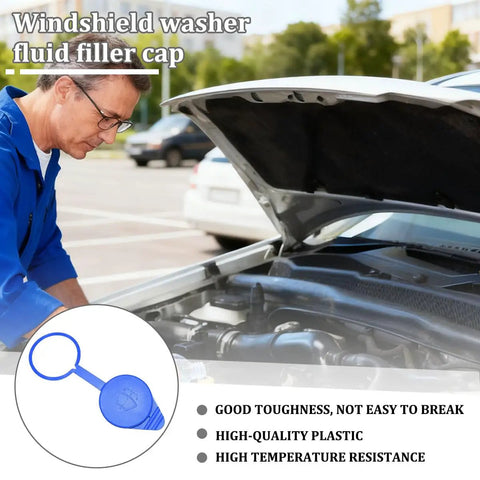 Mechanic inspecting engine with focus on blue windshield washer fluid filler cap, durable leak proof featuring replacement part CP9Z17A605A.