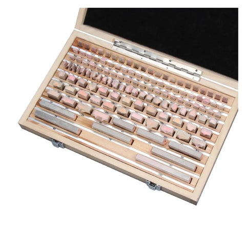 122 Piece Hardened Steel Precision Gauge Block Set With Zero Point Zero Zero Zero One Millimeter Calibration layout in wooden case.