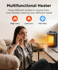1500W Ceramic Space Heater For Desk And Office on table beside smiling woman with heat modes shown in text