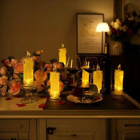 Set Of 4 White LED Flameless Pillar Candles, 2.5 Inch Diameter By 7 Inch Tall, Battery Operated, on decorated table