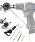 Turn Your Drill Into A Sheet Metal Cutter Nibbler With Double Cut Design For Fast Clean Cuts On Steel Aluminum Copper And Roofing Panels Universal Drill Attachment For Easy Pro Grade Metal Cutting shown with parts