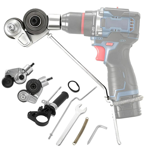 Turn Your Drill Into A Sheet Metal Cutter Nibbler With Double Cut Design For Fast Clean Cuts On Steel Aluminum Copper And Roofing Panels Universal Drill Attachment For Easy Pro Grade Metal Cutting shown with parts