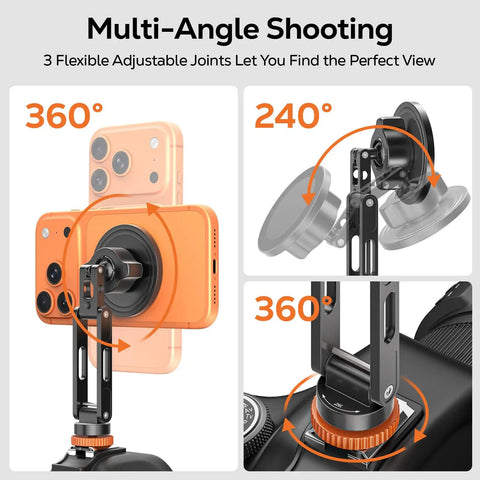 All Metal MagSafe Tripod Mount With 360 Degree Adjustable Phone Holder on camera showing multi-angle rotation with iPhone.