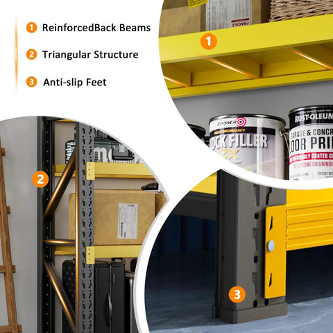 Rock Solid Heavy Duty Garage Shelving Adjustable Four Tier Steel Utility Rack With 3000 LB Load Capacity showcasing reinforced beams, triangular structure, and anti-slip feet.