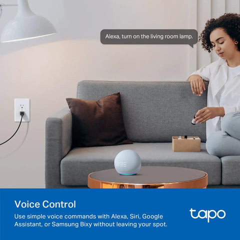Person using voice control with Alexa to manage two independent in-wall smart plug with Matter support, energy monitoring, 15 Amp 1800 Watt max