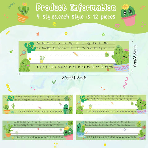 48 Pcs Cactus Name Tags Set With Four Fun Designs For Classroom Desk Labels Bulletin Boards And Decor Big Writing Area For ABC Alphabet Learning Kids Preschool, showing 4 styles with measurements.