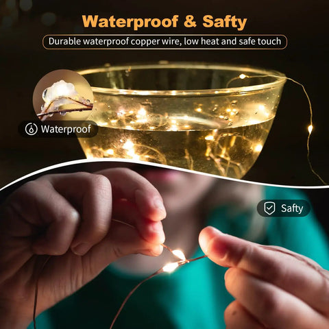 Waterproof Warm White LED Fairy Lights 7Ft Battery Operated String Of 20 LEDs With 3 Modes displayed in water and hand