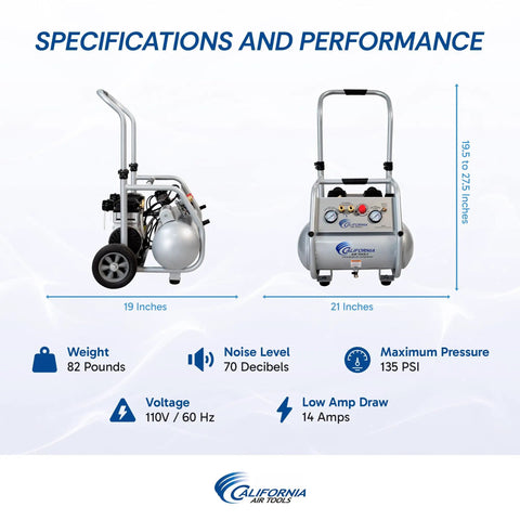 Specifications image of Smooth Operator 2.0 Hp Oil Free Air Compressor With Whisper Quiet 70 Db Motor And Low Maintenance 5 Gallon Steel Tank.