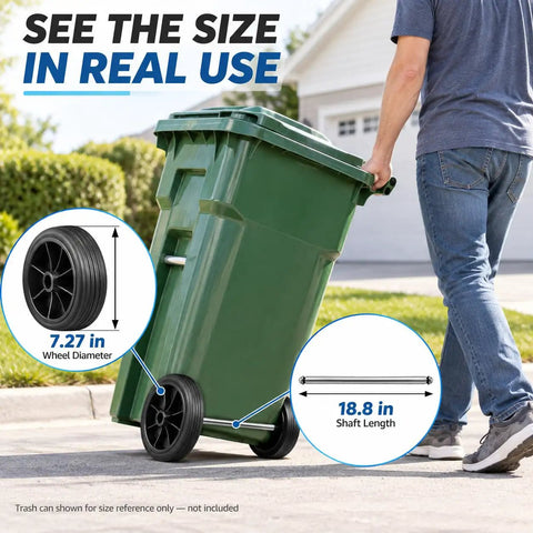 Haul Heavy Bins Like A Boss Without Breaking A Sweat Using This Tough Trash Wheel Replacement Kit Featuring Seven Inch Rubber Garbage Tires 18.8 Hollow Shaft And Quick Axle Swap For Smooth Outdoor Cart Mobility with 7.27 in wheel and 18.8 in shaft