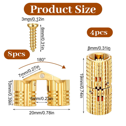 8mm Hidden Brass Barrel Hinges Set For DIY Jewelry Boxes And Small Wooden Boxes, Includes 4 Hinges, Solid Brass, Gold Finish