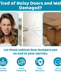 Woman covering ears due to loud noise, cracked door and damaged furniture. Soft Close Cabinet Bumpers Kit With 148 Pieces In 3 Shapes Invisible Silicone Cushions For Cabinets Drawers Furniture And Picture Frames Self Adhesive No Slam Noise Reduction Dots That Stop Slams reduce damage.