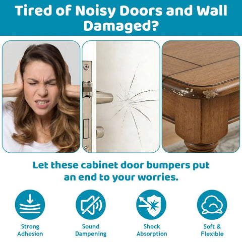 Woman covering ears due to loud noise, cracked door and damaged furniture. Soft Close Cabinet Bumpers Kit With 148 Pieces In 3 Shapes Invisible Silicone Cushions For Cabinets Drawers Furniture And Picture Frames Self Adhesive No Slam Noise Reduction Dots That Stop Slams reduce damage.