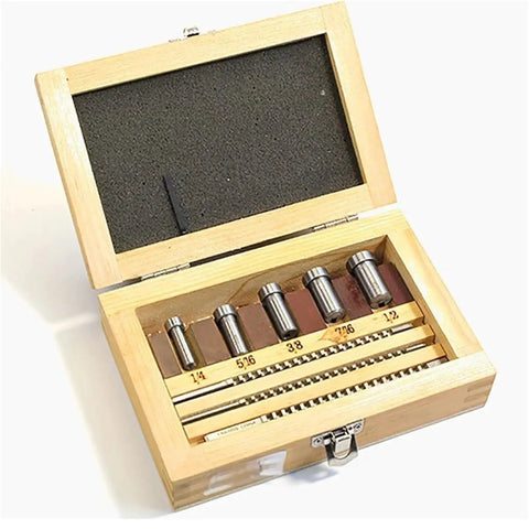 9 Piece Pro Grade Keyway Pushing Knife Set in open wooden box showing steel tools for keyway cutting and broaching