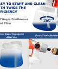 Electric Paint Sprayer With 1400 Ml Cup And Four Click In Tips Lightweight Hvlp Spray Gun showing 360° angle continuous paint flow and adapter.