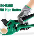 Person using Ratchet PVC Pipe Cutter For 2 Inch 64mm Pipe With Extra Blade, Heavy Duty One-Handed Tubing Cutter, Dark Green Edition.