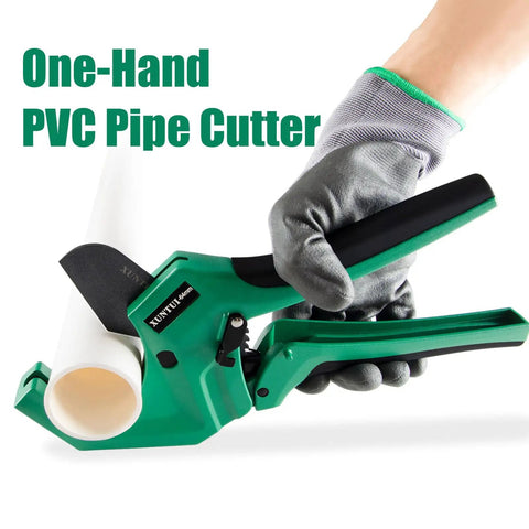 Person using Ratchet PVC Pipe Cutter For 2 Inch 64mm Pipe With Extra Blade, Heavy Duty One-Handed Tubing Cutter, Dark Green Edition.