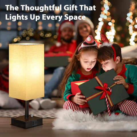 Fully Dimmable Nightstand Lamps Set Of 2 With Stepless Dimming Rotary Switch, USB C And USB A Charging Ports, Christmas scene