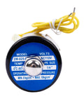 Copper Electric Solenoid Valve, Normally Closed, For Water, Air, And Gas Systems, 110V AC, showing size and pressure info