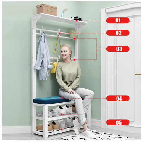 Woman sitting on Four In One Entryway Coat Rack With Bench And Shoe Organizer, Two Tier Hallway Shoe Shelf For Boots And Shoes