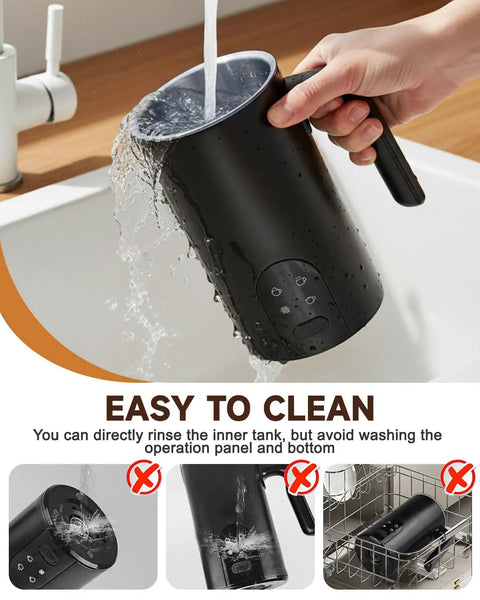 Person rinsing 4-In-1 Milk Frother And Steamer With One-Touch LED Controls, 11.8Oz, 350 Ml Capacity under sink faucet