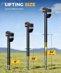 Beefy 7500Lb Electric RV Tongue Jack With Remote Control in three extended positions, 9 to 34 inches lift range, black finish.