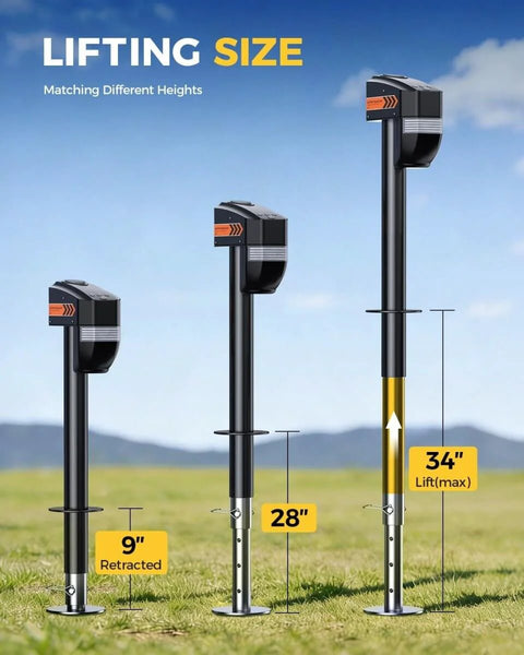 Beefy 7500Lb Electric RV Tongue Jack With Remote Control in three extended positions, 9 to 34 inches lift range, black finish.