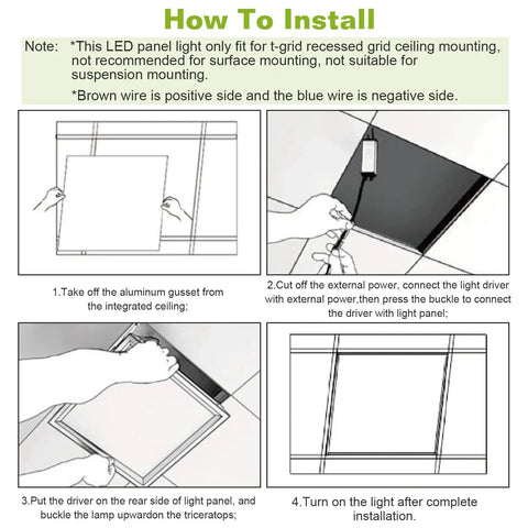 Installation guide for 2 By 2 Ft LED Flat Panel Light For Drop Ceiling Office Use, 48W to 150W Equivalent, Recessed Edge Lit Troffer