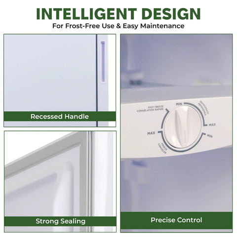 Intelligent design features of Sleek Upright Convertible Refrigerator And Freezer Serving 6.8 Cu Ft, showing handle and temperature dial.