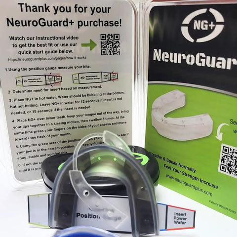 Mouthguard For Peak Performance And Jaw Protection, Reduces G Forces, Boosts Strength And Stamina packaging displayed with instructions