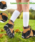 Person wearing Lawn Aerator Shoes With 26 Nail Spikes 5cm And Adjustable Straps For Patios Gardens And Yards, walking on grass