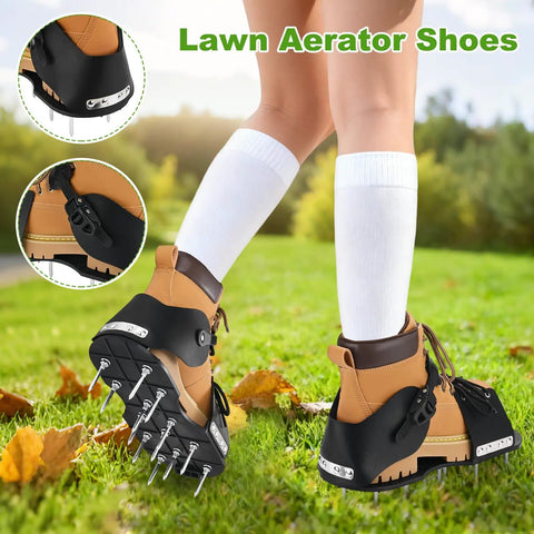Person wearing Lawn Aerator Shoes With 26 Nail Spikes 5cm And Adjustable Straps For Patios Gardens And Yards, walking on grass