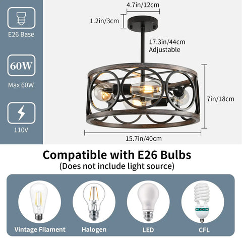 Farmhouse Semi Flush Mount Ceiling Light With Open Drum Frame Modern Dimmable LED Fixture In Dope Black Finish And Antique Wood Grain Metal Construction Ideal For Kitchen Island Dining Room Or Entryway showing dimensions and bulb compatibility