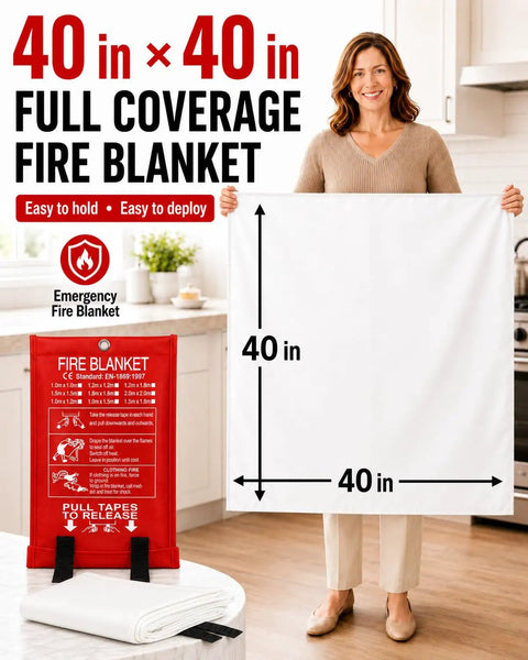 Two Pack Hella Tough Emergency Fire Blanket, 40 Inch Premium Fiberglass Flame Resistant Sheet held by a person in kitchen.