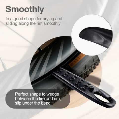 Ultra Strong Bicycle Tire Levers Set, Grab And Go 6 Piece Snap Together Bike Tire Tools in use, sliding along a bike rim.