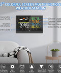 All In One Indoor Outdoor Weather Station With Three Wireless Sensors, Color Display, mounted on living room wall.
