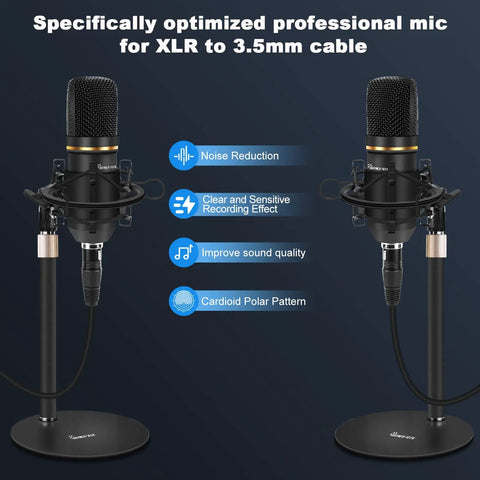 Two Person Podcast Gear Bundle With Dual Audio Mixer And Condenser Mics on stands, featuring noise reduction and cardioid pattern