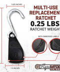 Heavy Duty Rope Ratchet Tie Down Pulley Hanger With Locking Mechanism For Easy Tensioning Of Shade Sails Hammocks Canopies And Outdoor Gear Works With One Quarter Inch Rope And Delivers A 150 Pound Capacity No Rope Included, with dimensions and embossed labels visible.