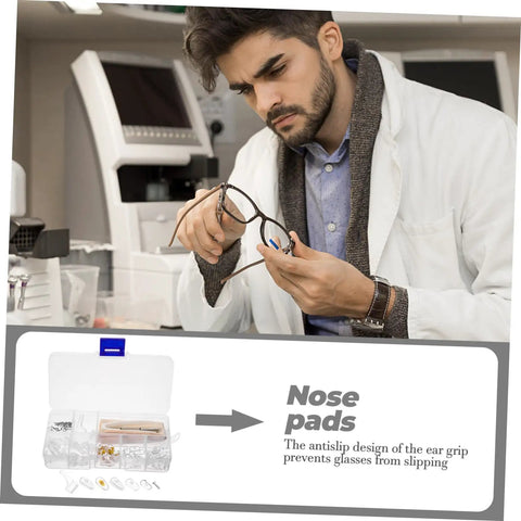 Man using Eyeglass Repair Kit With Nose Pads, Screws, Screwdriver, Cleaning Cloth, And Versatile Eyewear Accessories for DIY fixes.