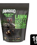 Quick Kill Lawn Insect Killer Granules 10 Lb black label bag with insect images, for fleas, ticks, and lawn pests.